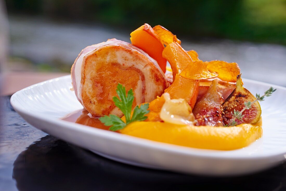 Chicken roulade with bacon and pumpkin