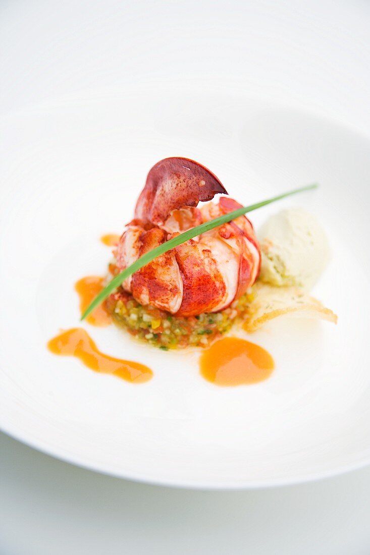 Poached lobster with avocado puree and gazpacho tartare