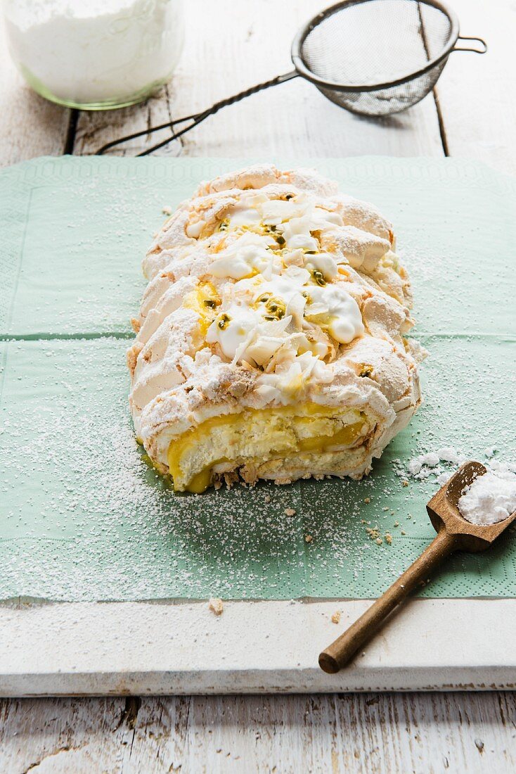 Passion fruit and coconut meringue roll