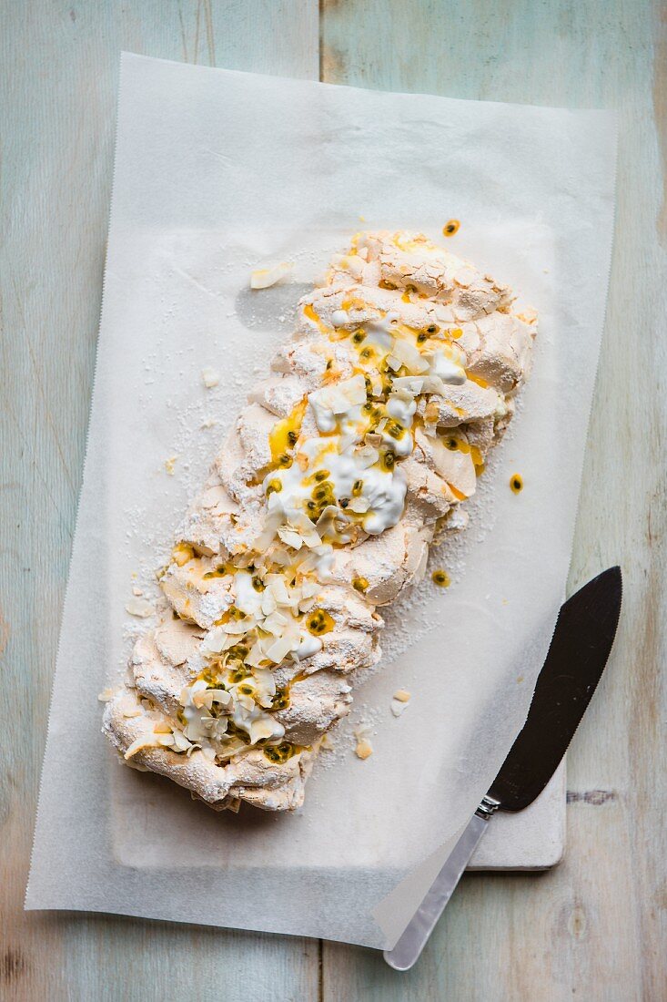 Passion fruit and coconut meringue roulade (seen from above)