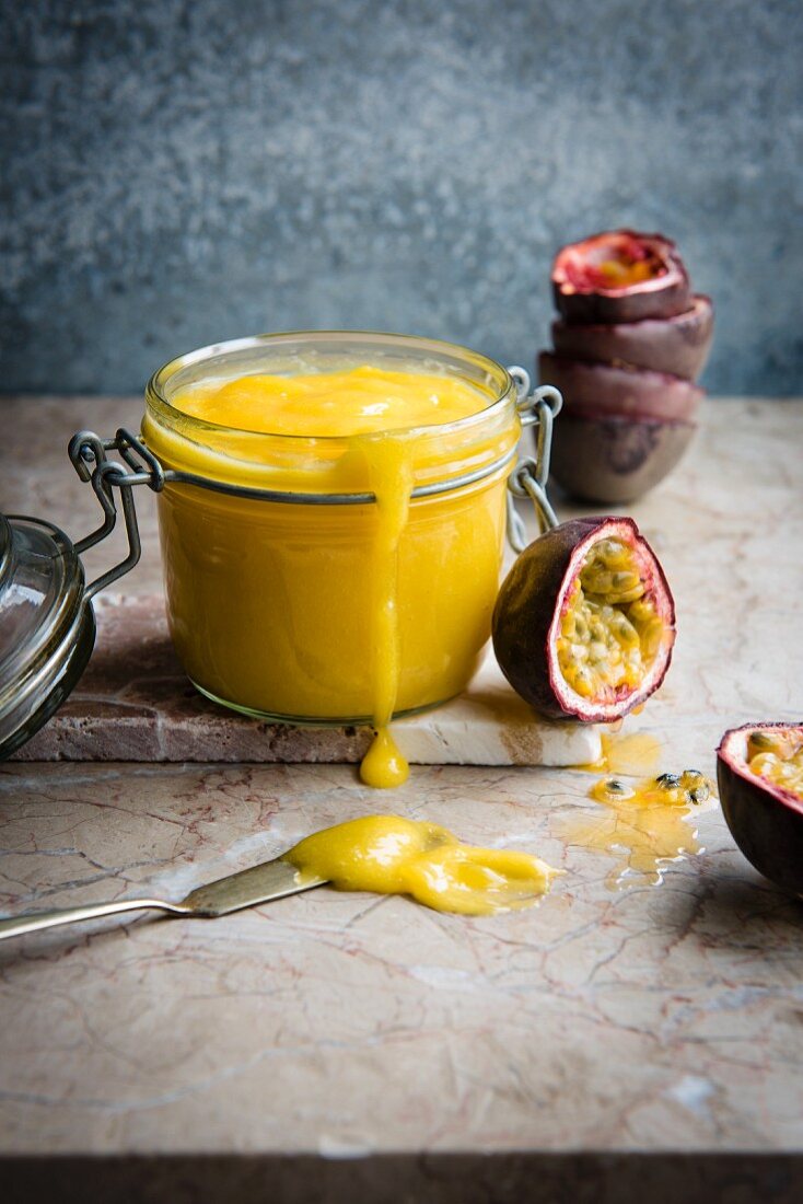 A jar of homemade passion fruit curd