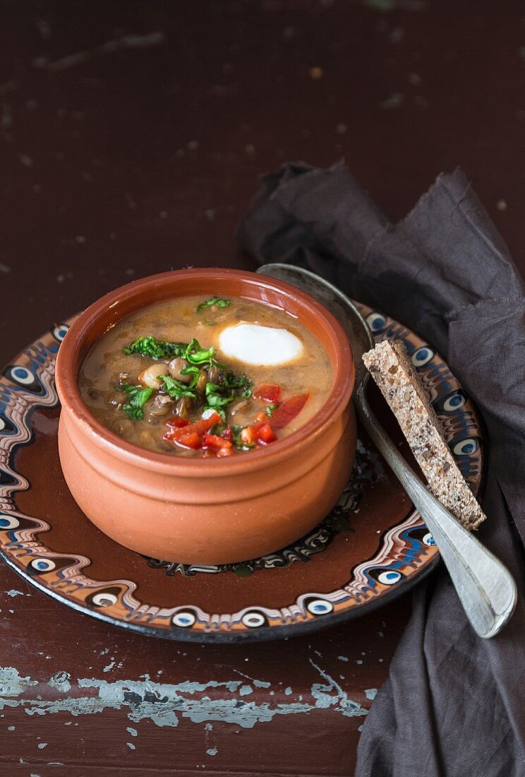 Lentil soup in a terracotta bowl