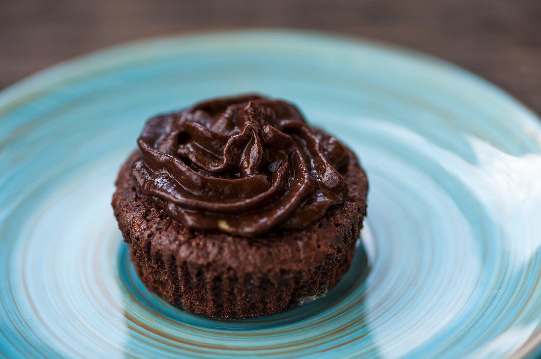 A chocolate cupcake with chocolate frosting on a blue plate