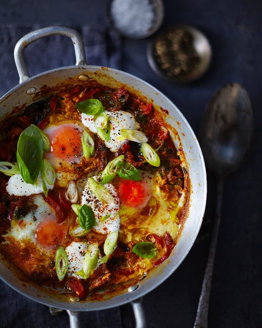 Shakshuka in rustic aluminium pot