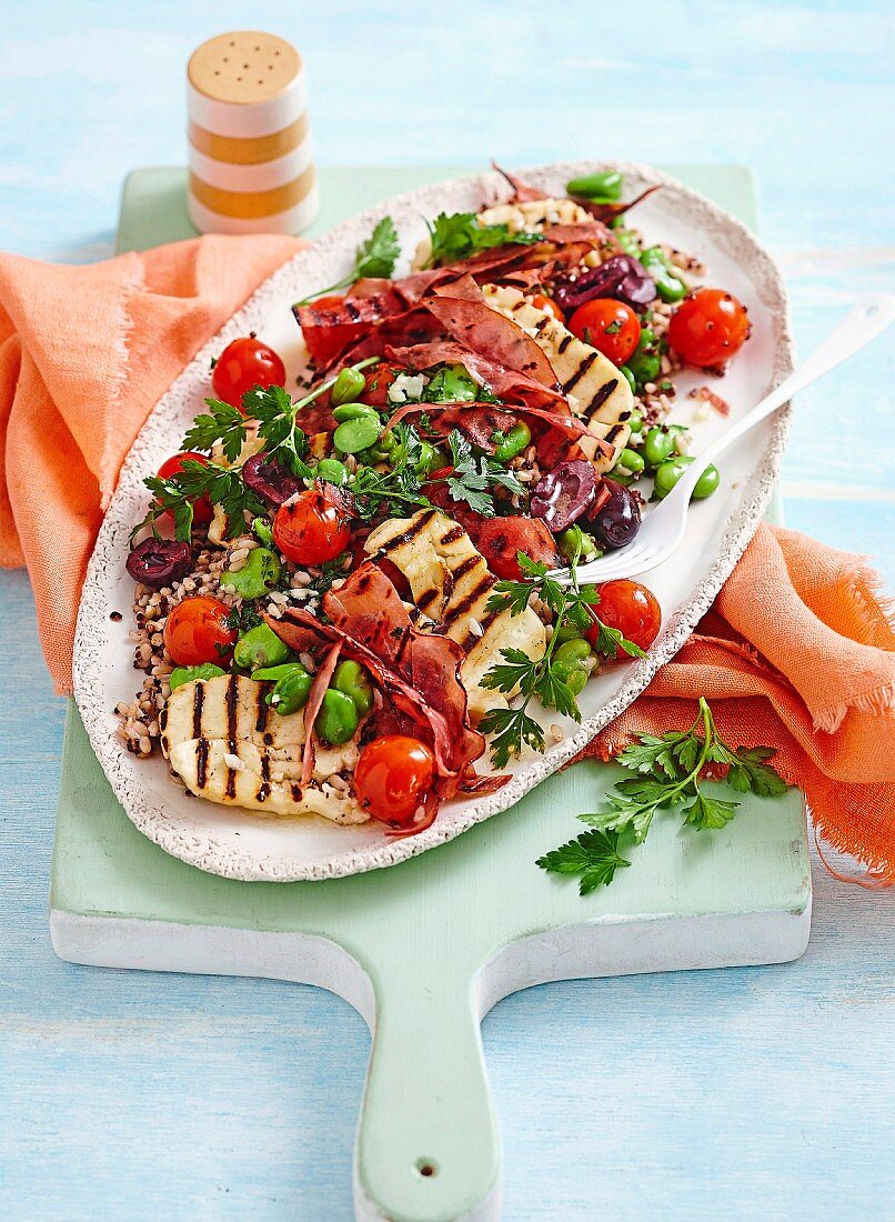 Ham, tomato and haloumi rice salad