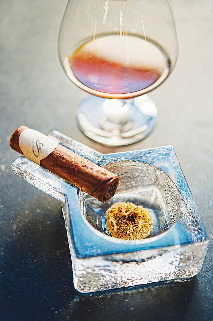 'Herrengedeck' (an oxtail cigar, apple and celery ash and a glass of essence)