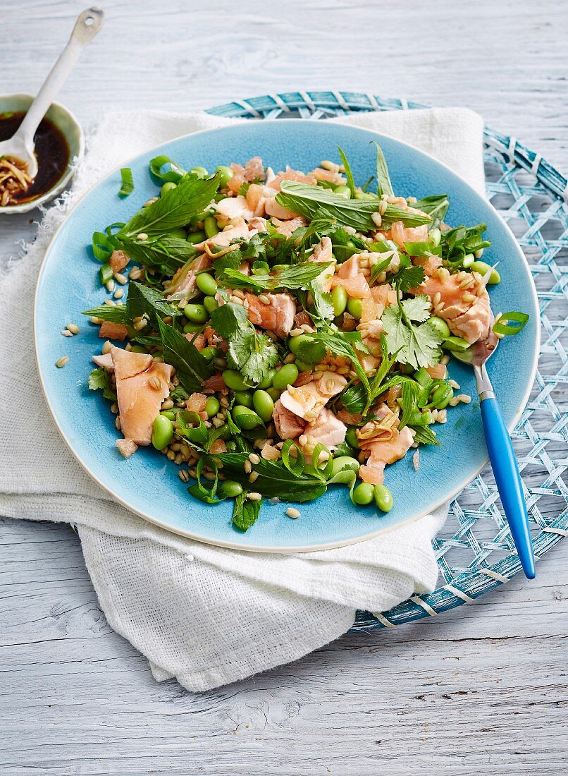 Salad of salmon, edamame, wheat, pink grapefruit and herbs