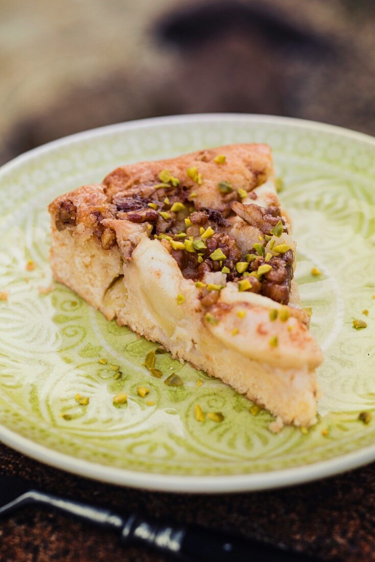 A slice of spiced cake with apple a lupine flour