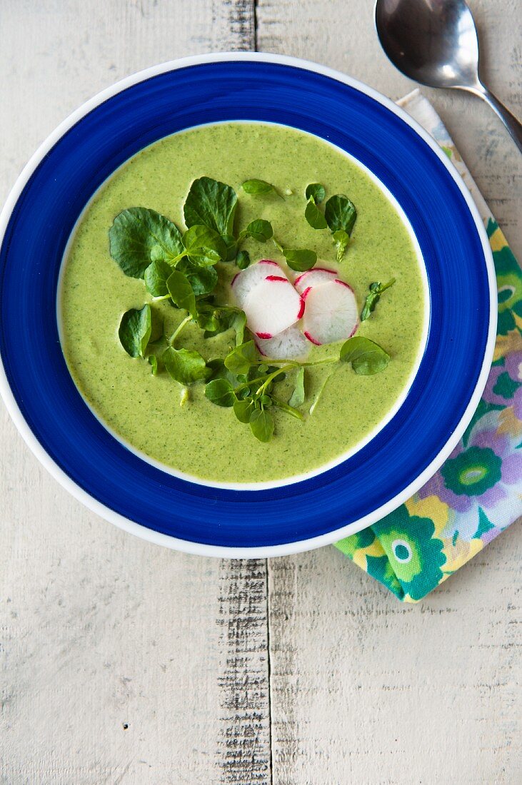 Spinach soup with radish slices