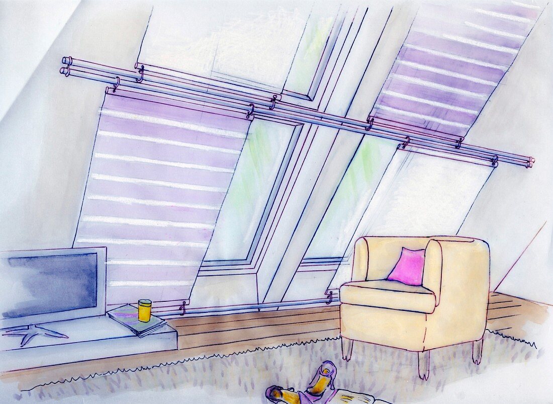 An illustration of window decoration plans in a living room