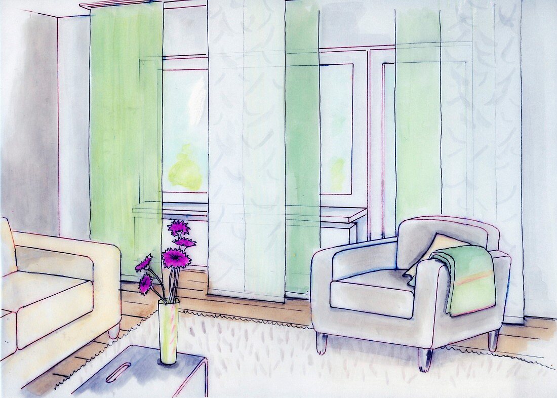 An illustration of window decoration plans in a living room