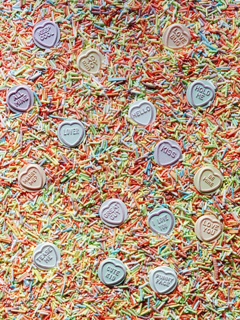 Love hearts and colourful sugar sprinkles