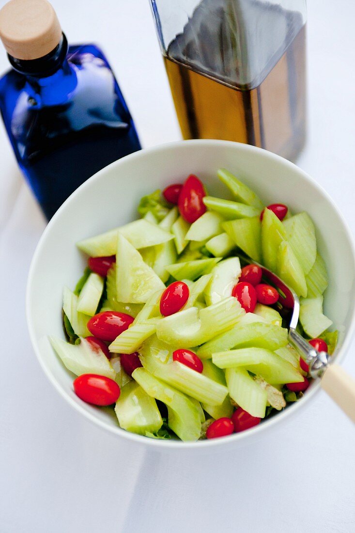 Cucumber and celery salad with grape tomatoes