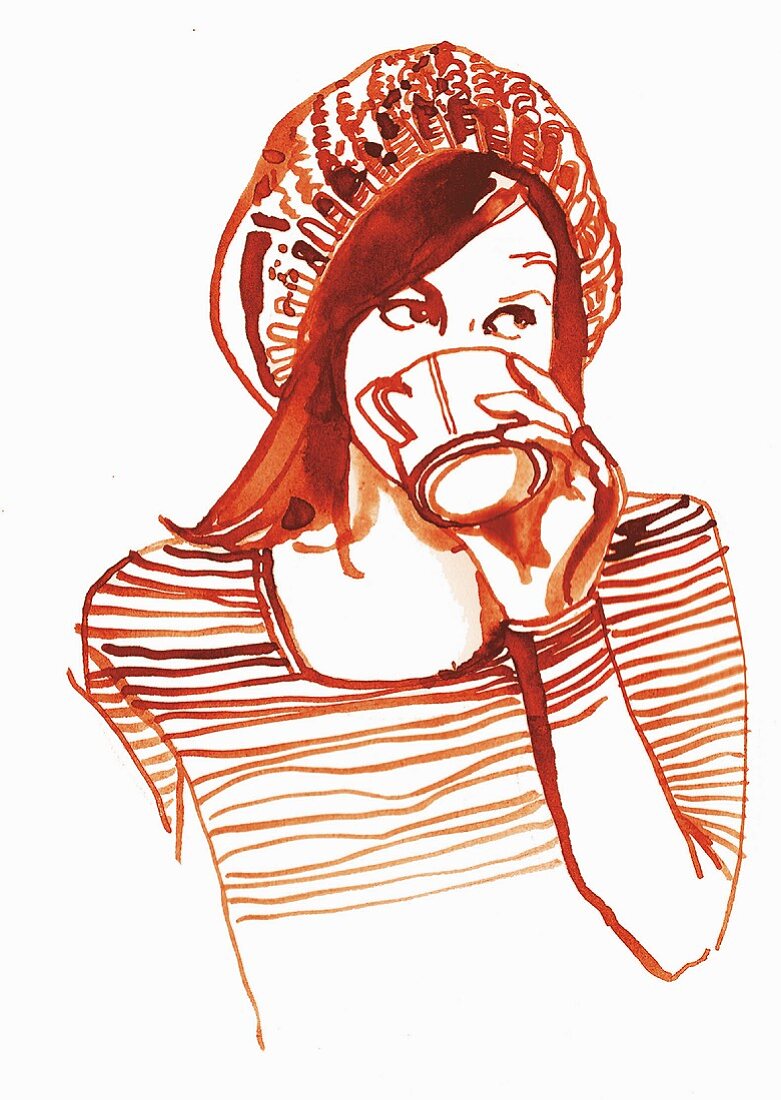 An illustration of a woman drinking a mug of cocoa
