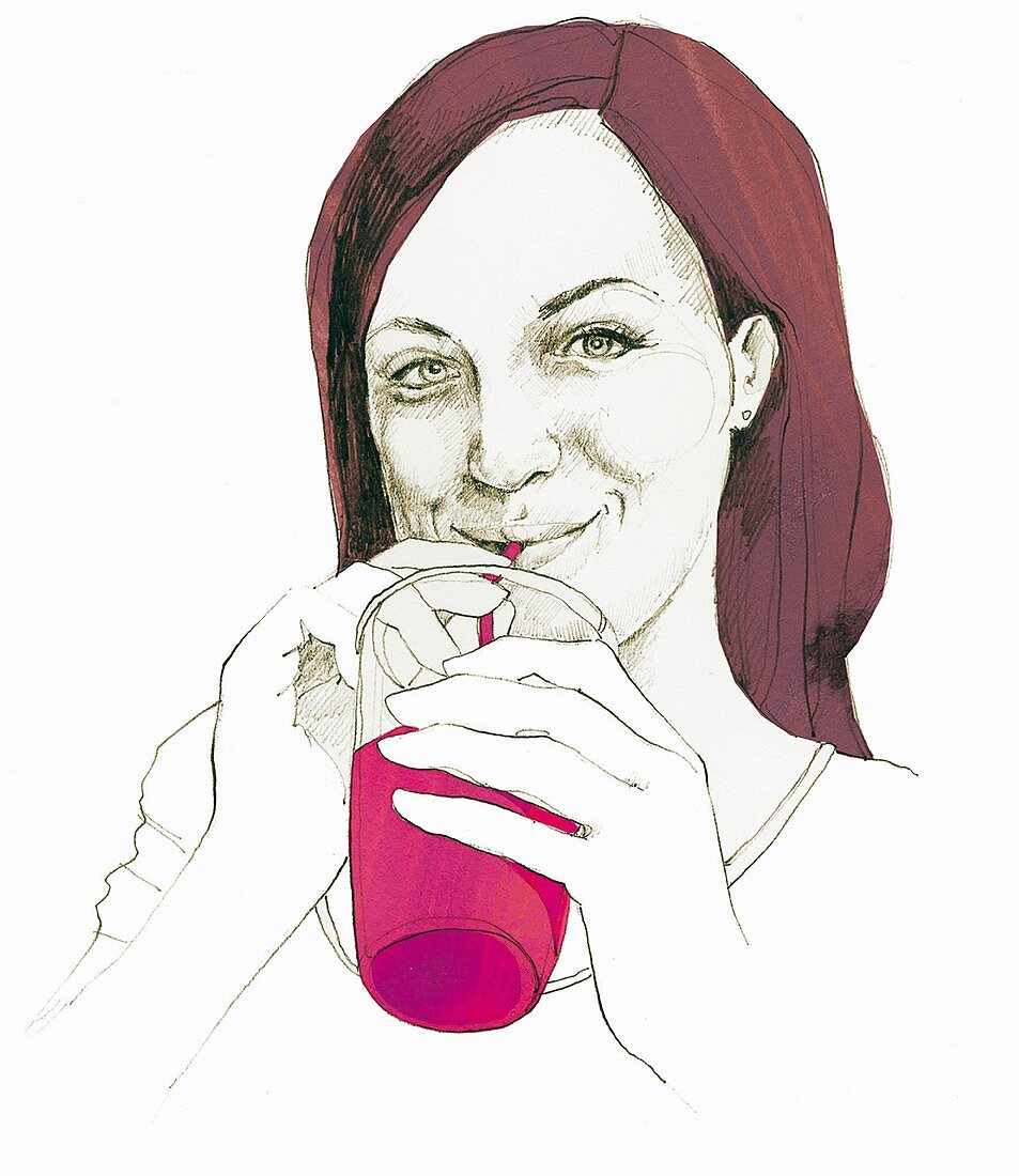 An illustration of a woman drinking a vitamin drink