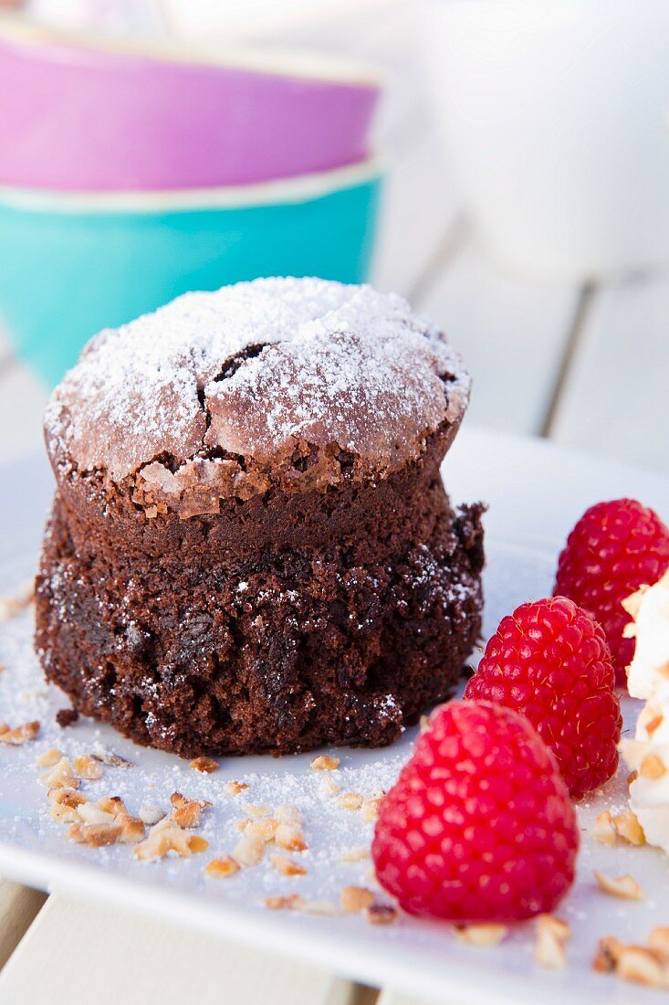 A chocolate cake with fresh raspberries and whipped cream