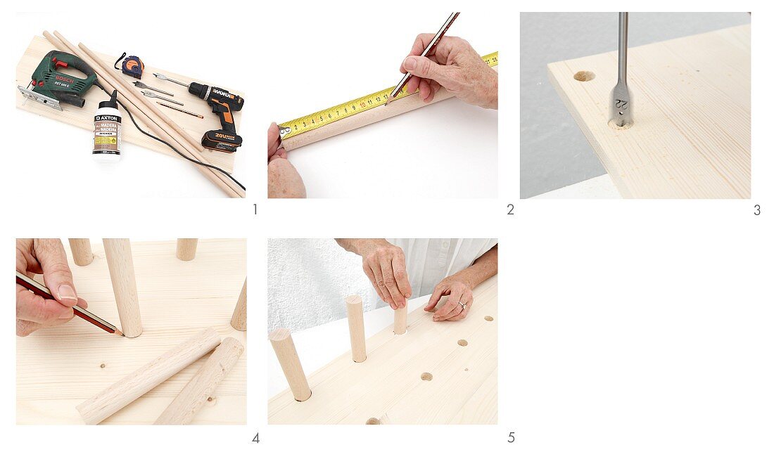 Instructions for making a wall-mounted shelf with dowelling pegs