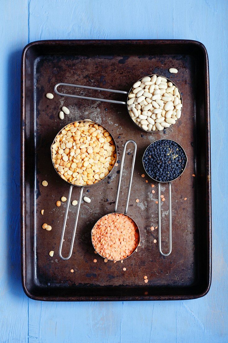 An arrangement of legumes featuring lentils, beans and peas