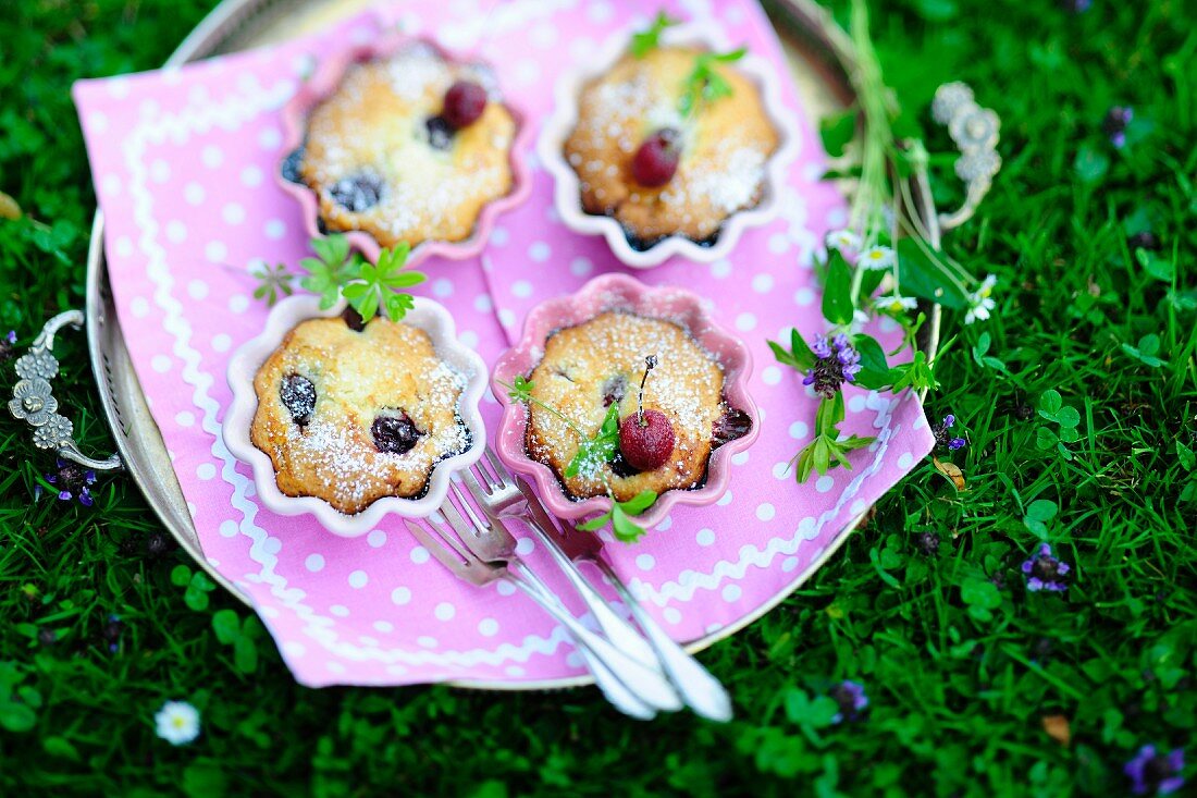 A tray of cherry tartlets in ramekins on a summer meadow