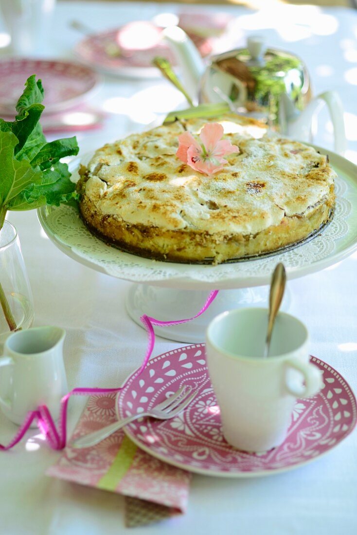 Rhubarb cake on a summer table outside