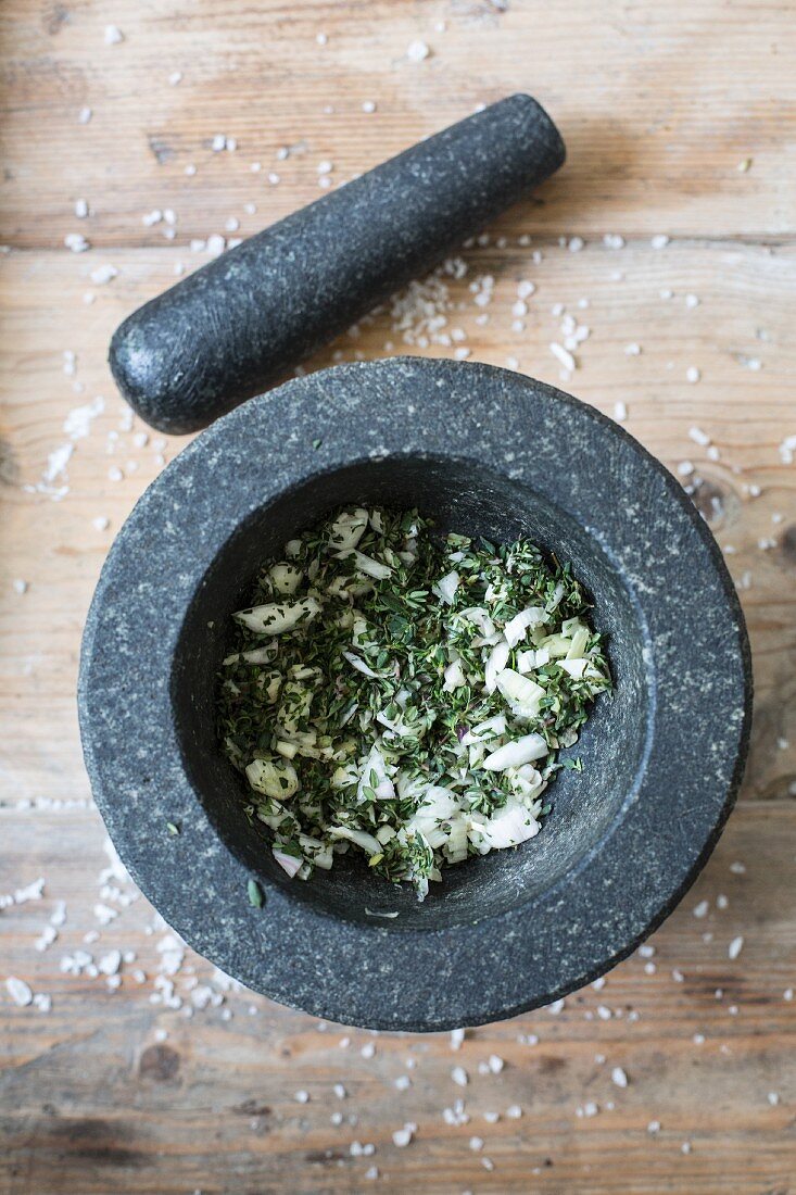 Herbs and salt in a mortar