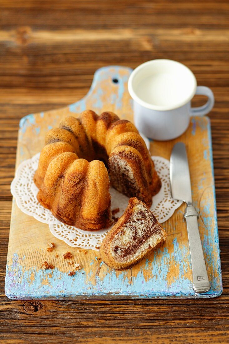 Partly sliced marble cake