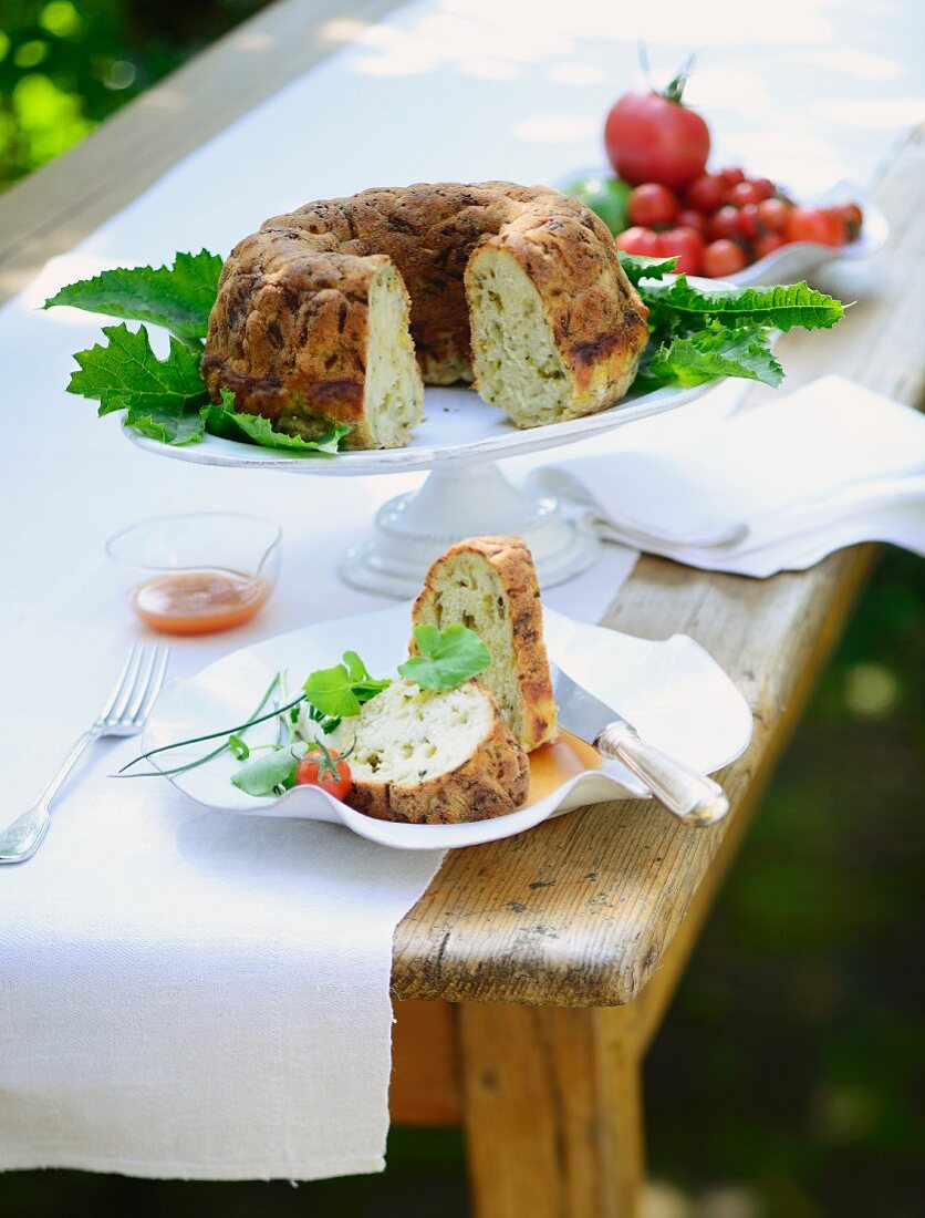 Courgette Bundt cakes on a table outside