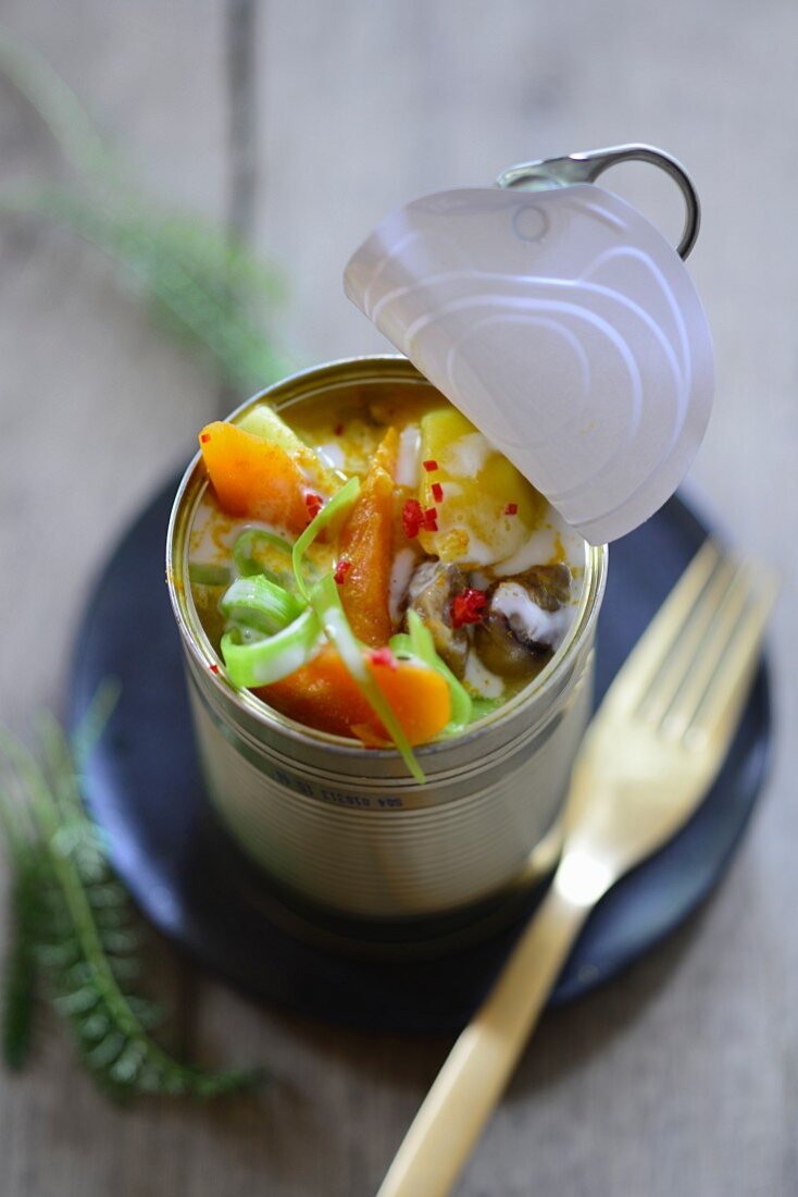 Carrot and chestnut curry with potatoes in a tin can