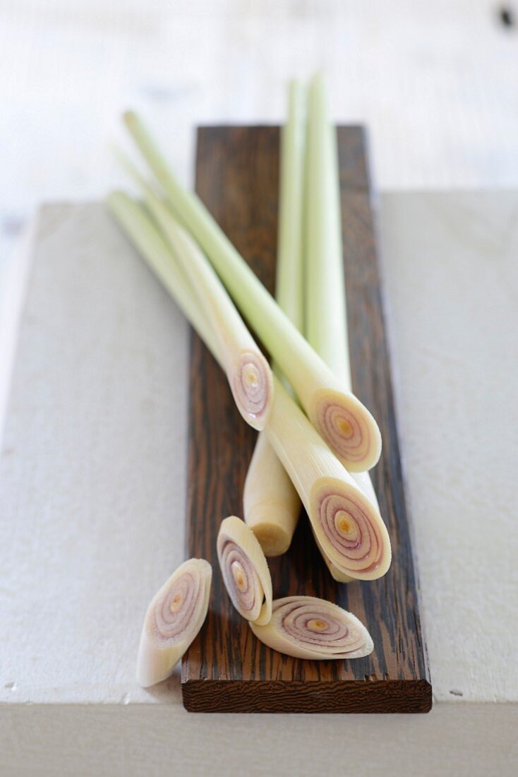 Fresh lemongrass on a chopping board