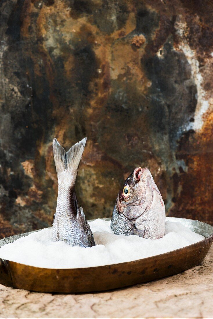 A raw fish on a bed of salt