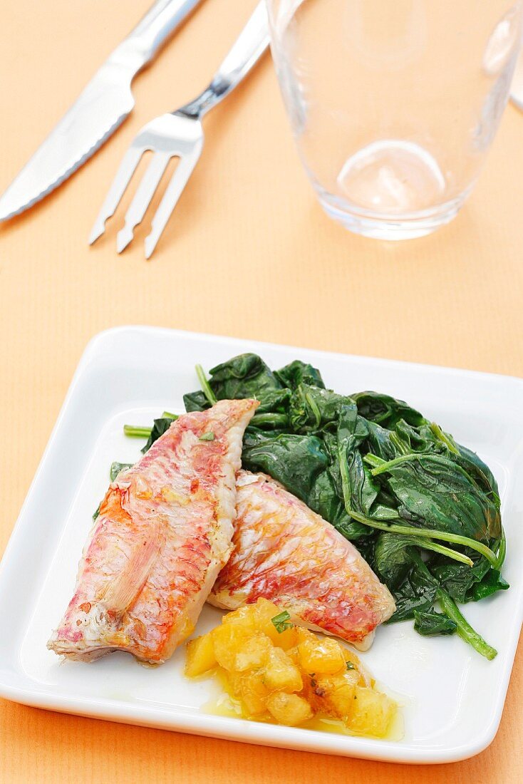 Grey mullet with apricot vinaigrette and spinach