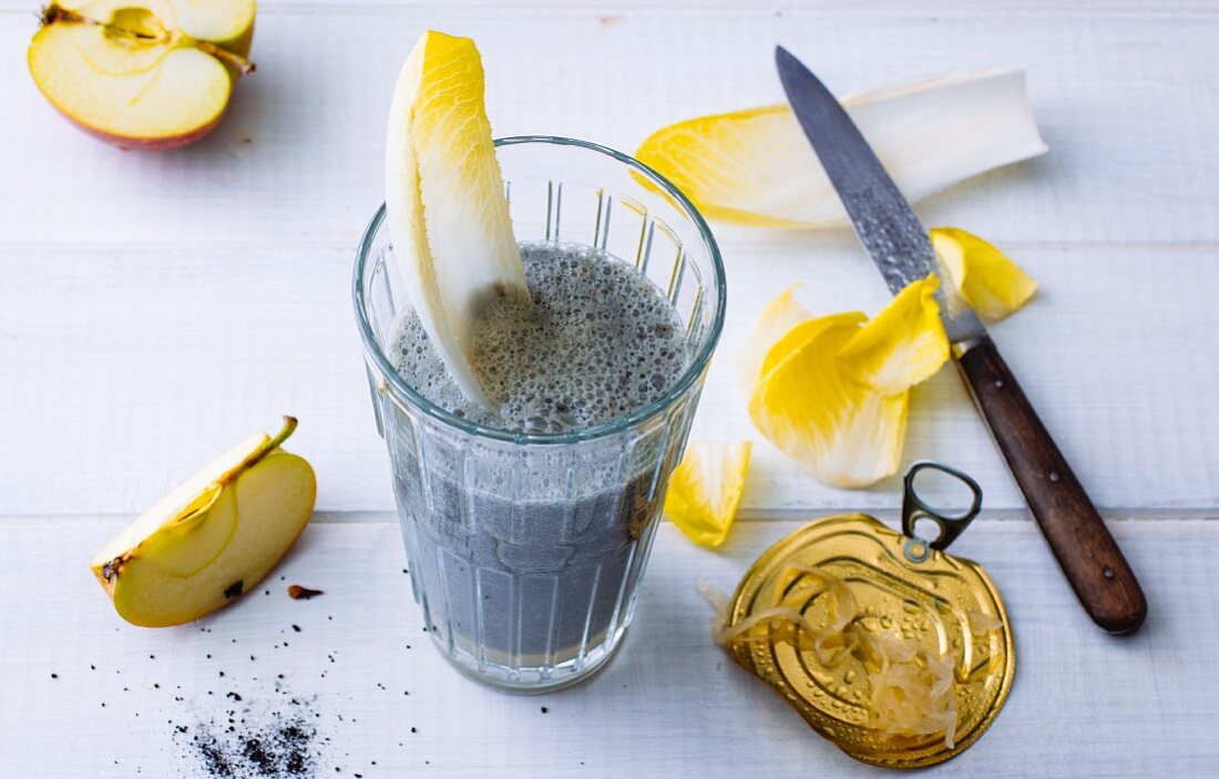 A black smoothie made from sauerkraut, apples and charcoal powder