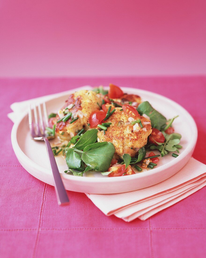 Fish cakes with a tomato and rocket salad