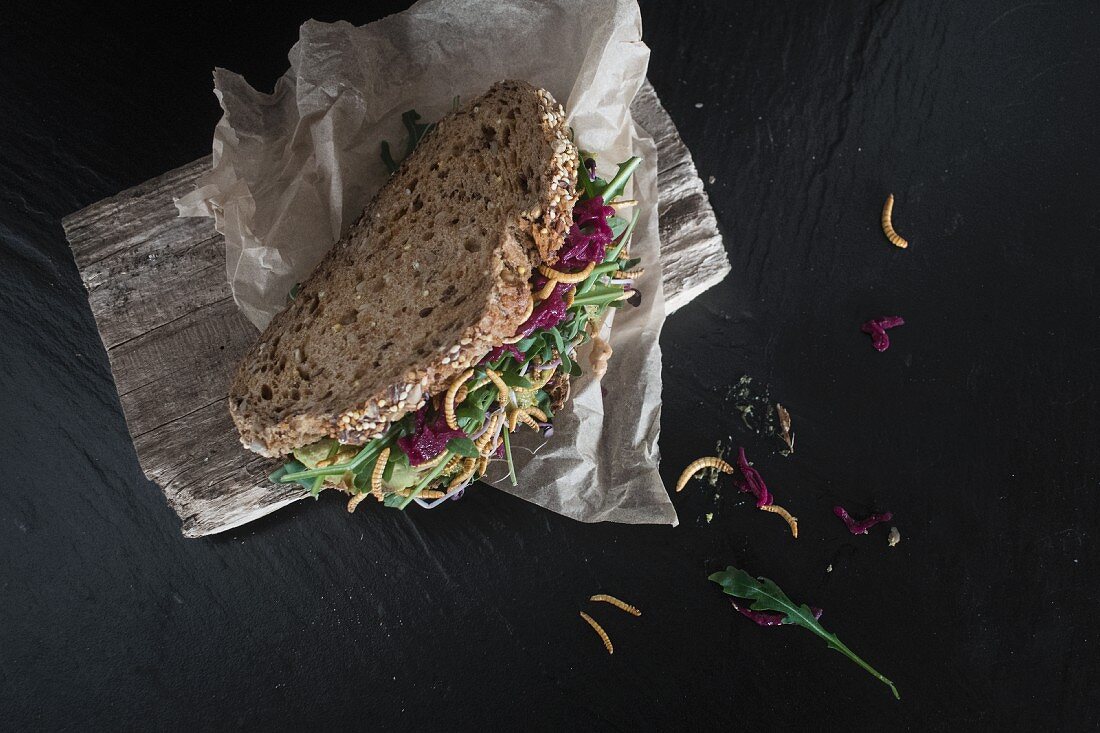 A wholemeal sandwich with vegetables and crispy meal worms