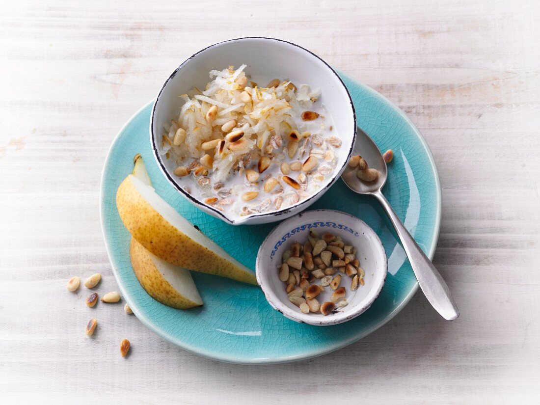 Bircher muesli with pears and pine nuts