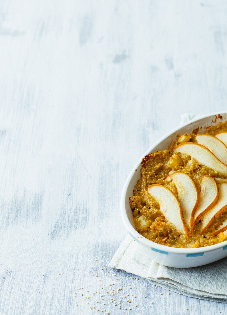 Vegan quinoa and pear bake with soy milk