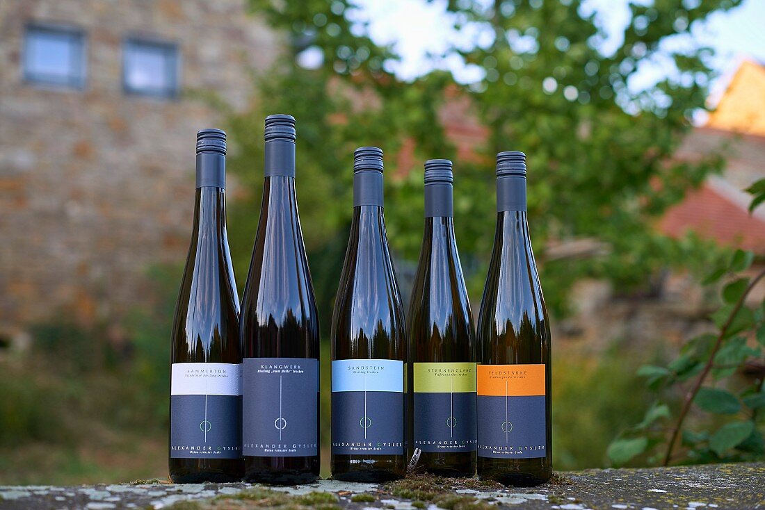 Deutschland, Rheinhessen, Flaschen vom Weingut Gysler, Biowein