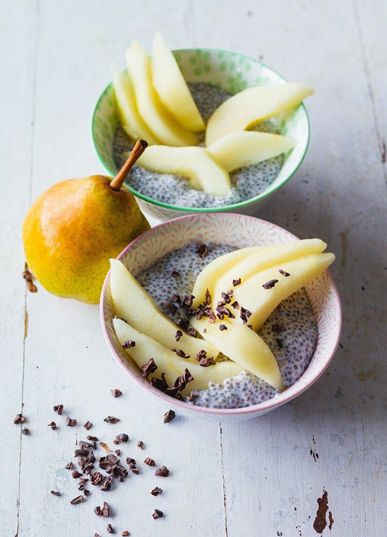 Chia pudding with pears and cocoa nibs