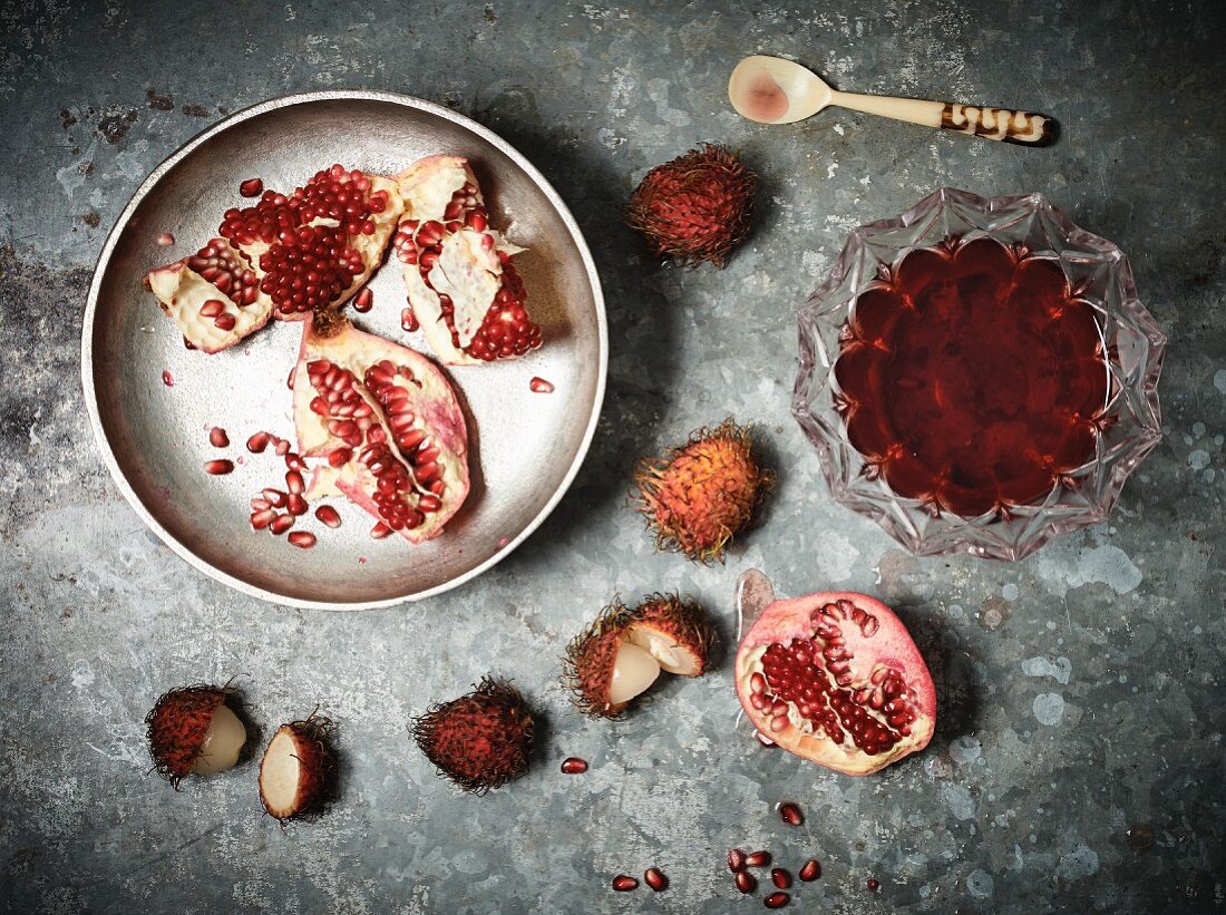 Pomegranates, lychees and pomegranate jam