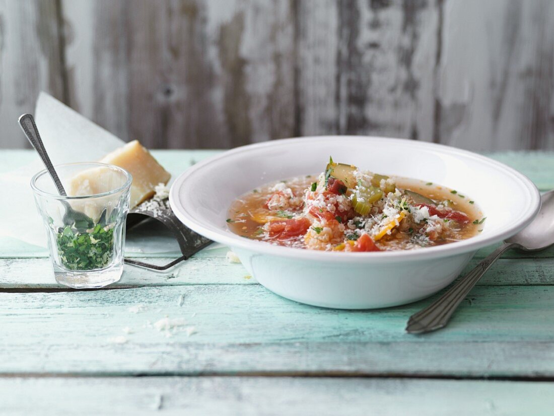 Quinoa minestrone with Parmesan cheese and parsley