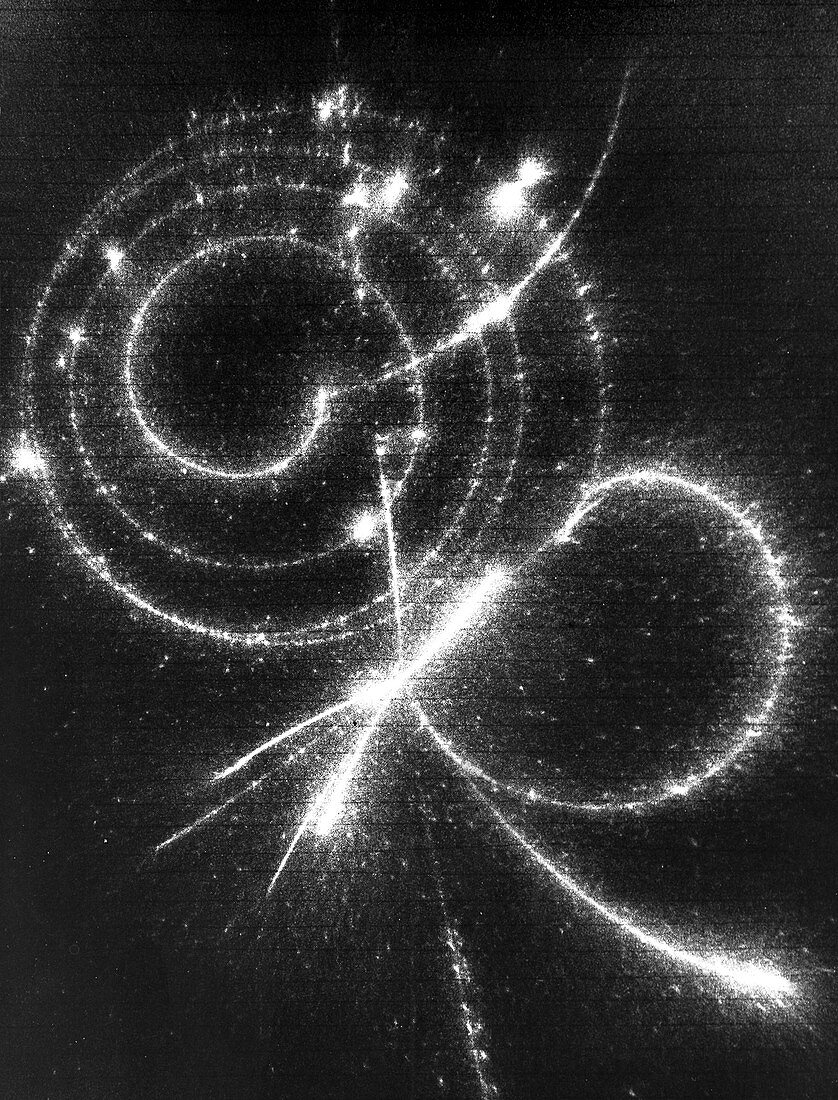 Particle tracks (pi-mu-e decay)