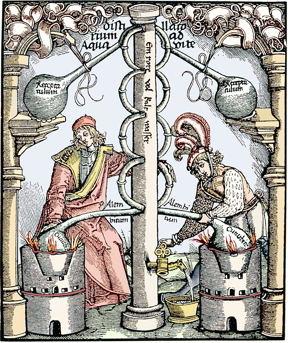 Distillation,16th century woodcut