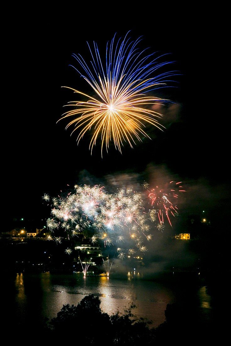 Fireworks over water,time-exposure image