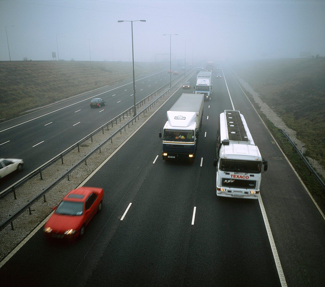 Motorway traffic in fog