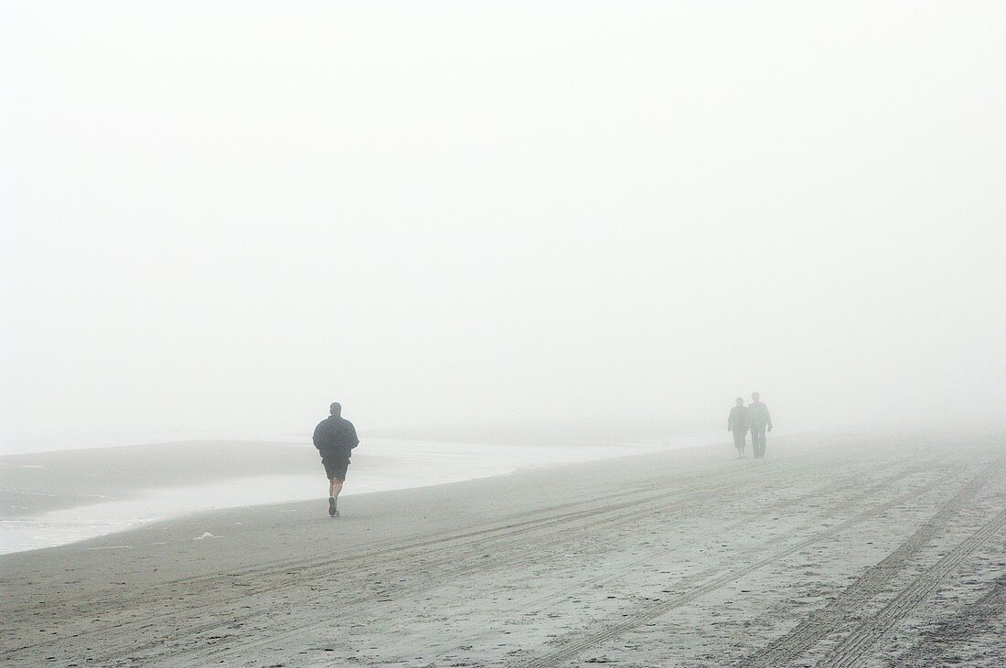 People on a beach in fog