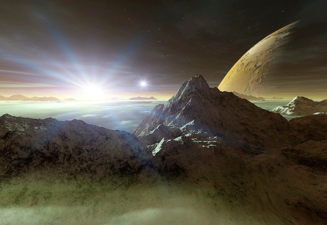 Double star sunset on an alien planet