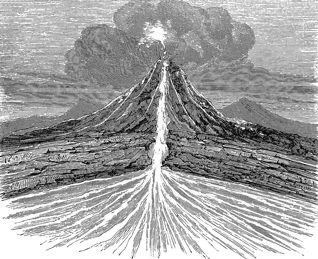 Volcano section,19th century artwork
