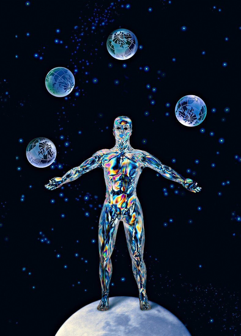 Cosmic man juggling worlds,artwork