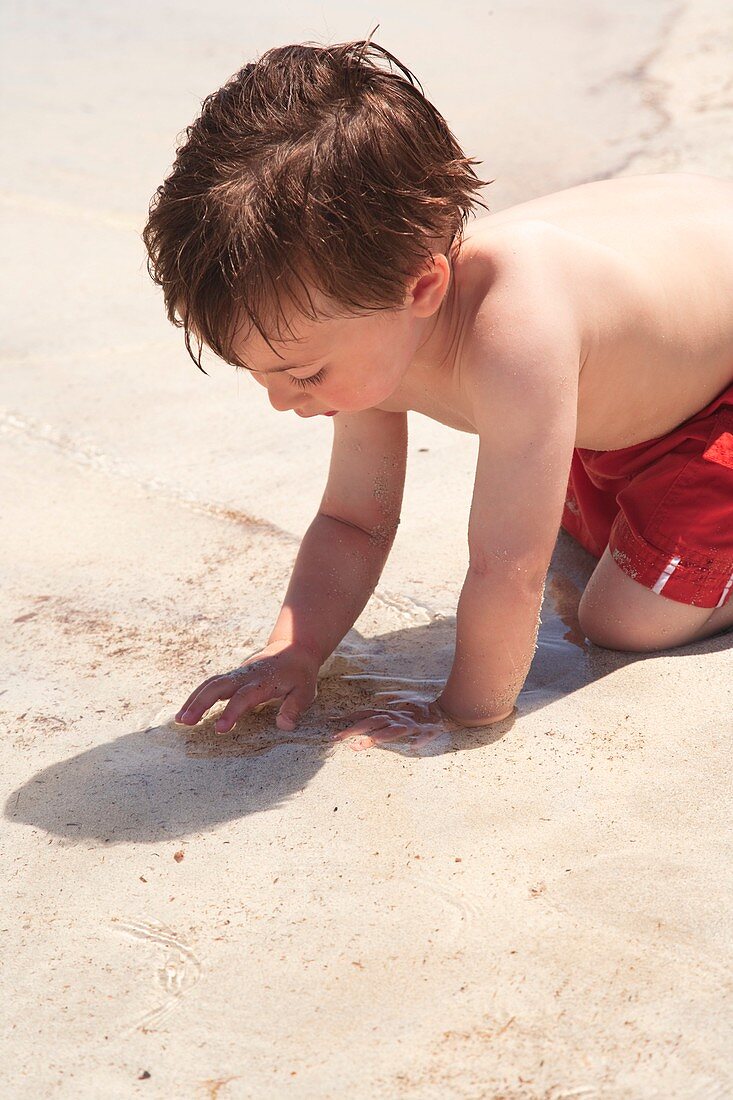 Boy exploring sand and sea at the beach