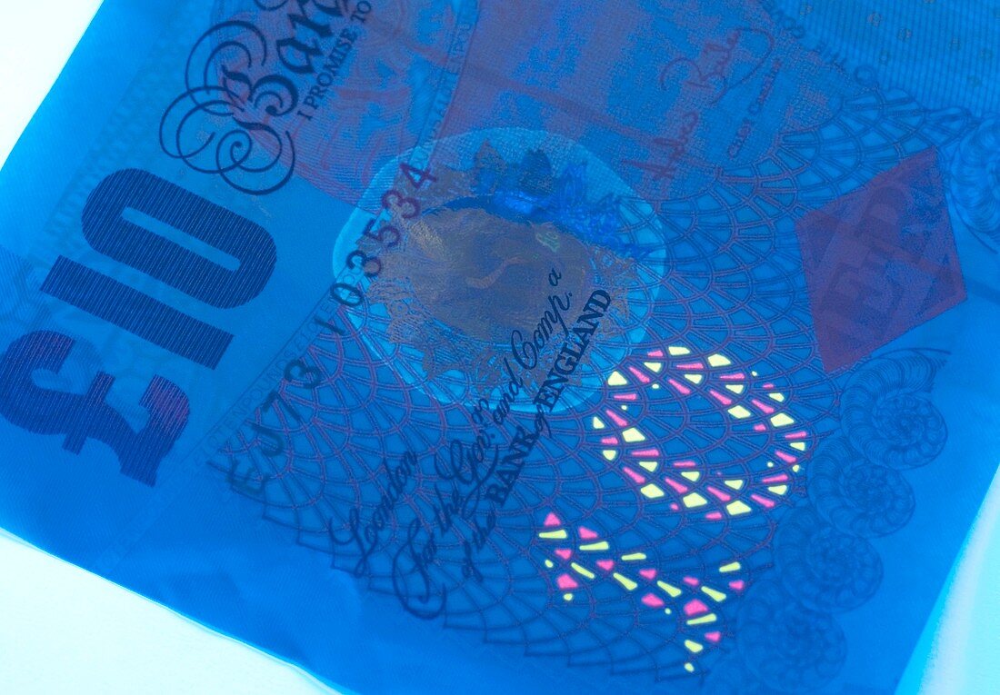 Ten pound banknote in UV light